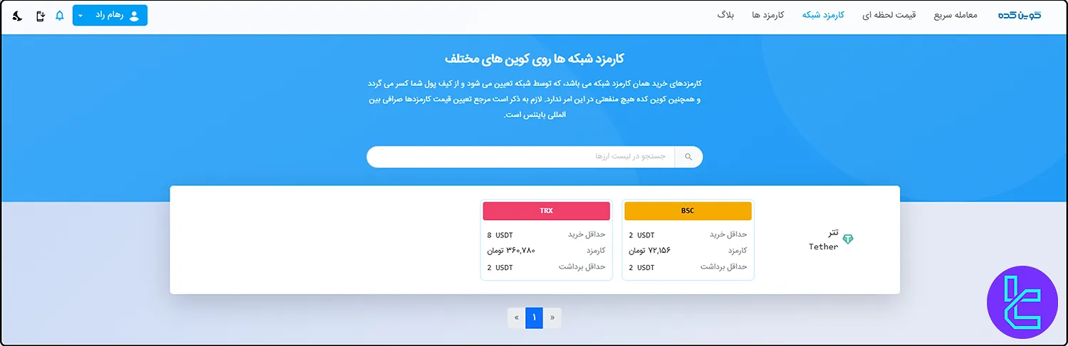 کارمزد شبکه در صرافی کوین کده