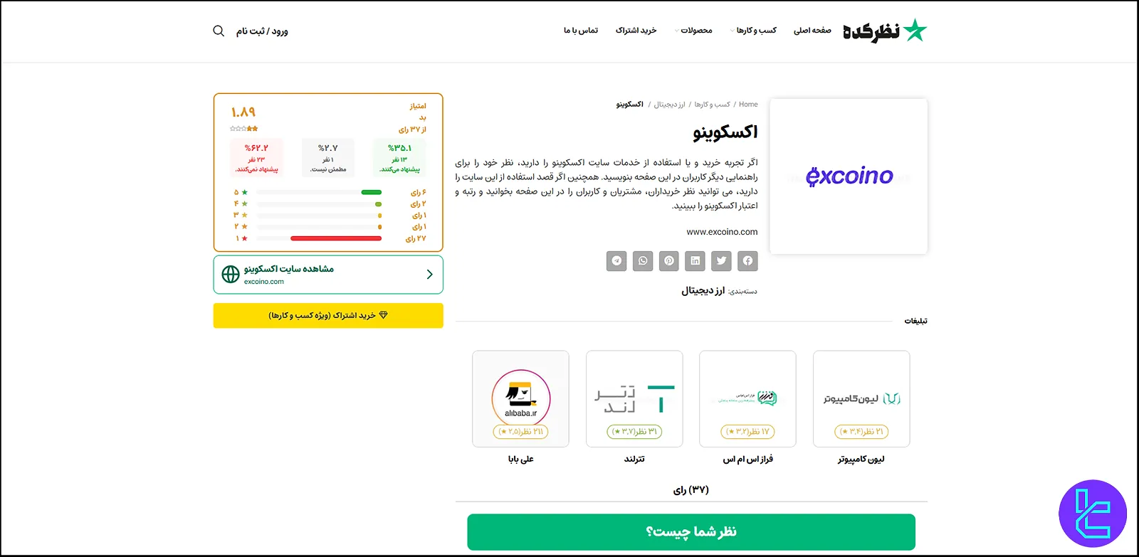 امتیاز و اعتبار صرافی اکسکوینو در سایت نظرکده