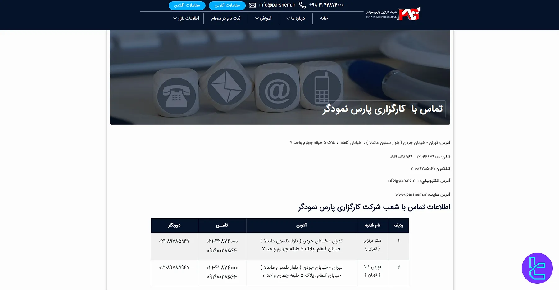 صفحه تماس با ما کارگزاری پارس نمودگر