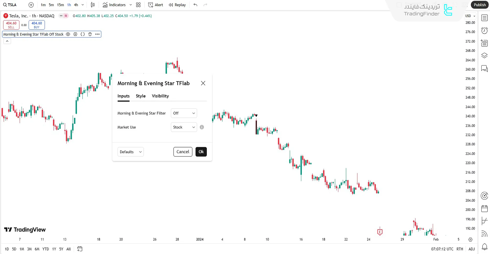 تنظیمات اندیکاتور الگوی کندل استیک ستاره صبحگاهی و شامگاهی