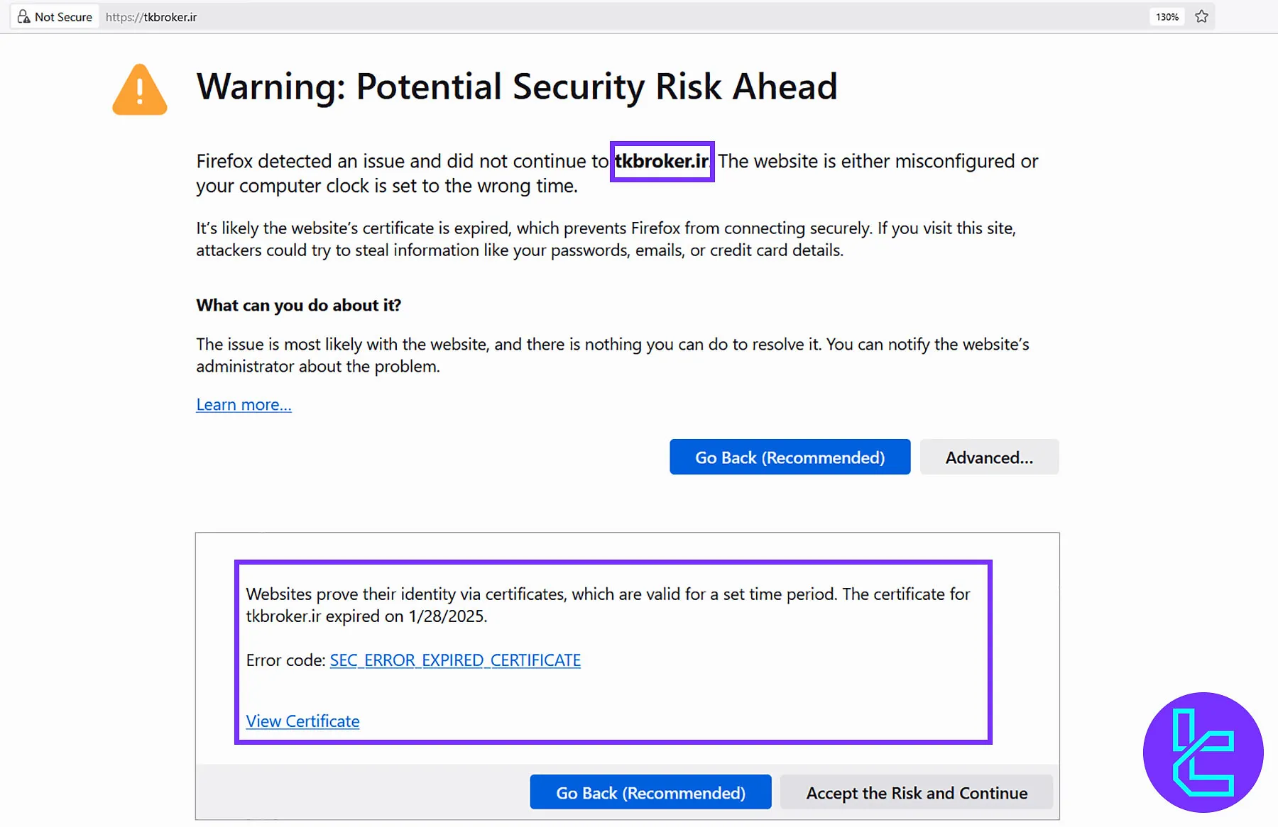 انقضای گواهی امنیتی وبسایت کارگزاری توسعه کشاورزی