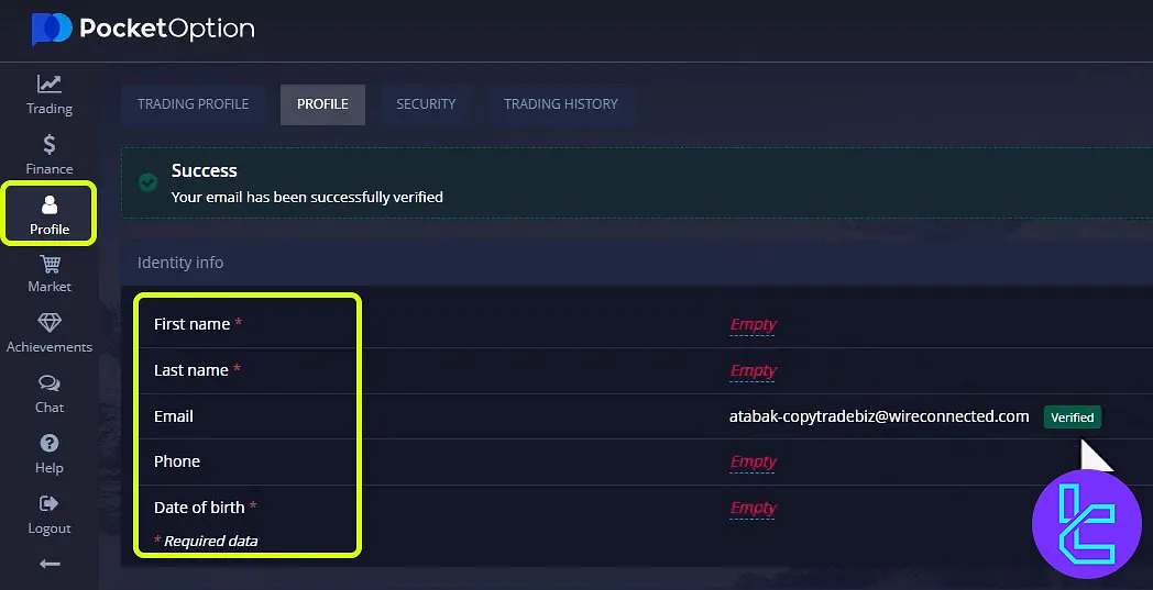 فرم اطلاعات شخصی در بروکر پاکت آپشن