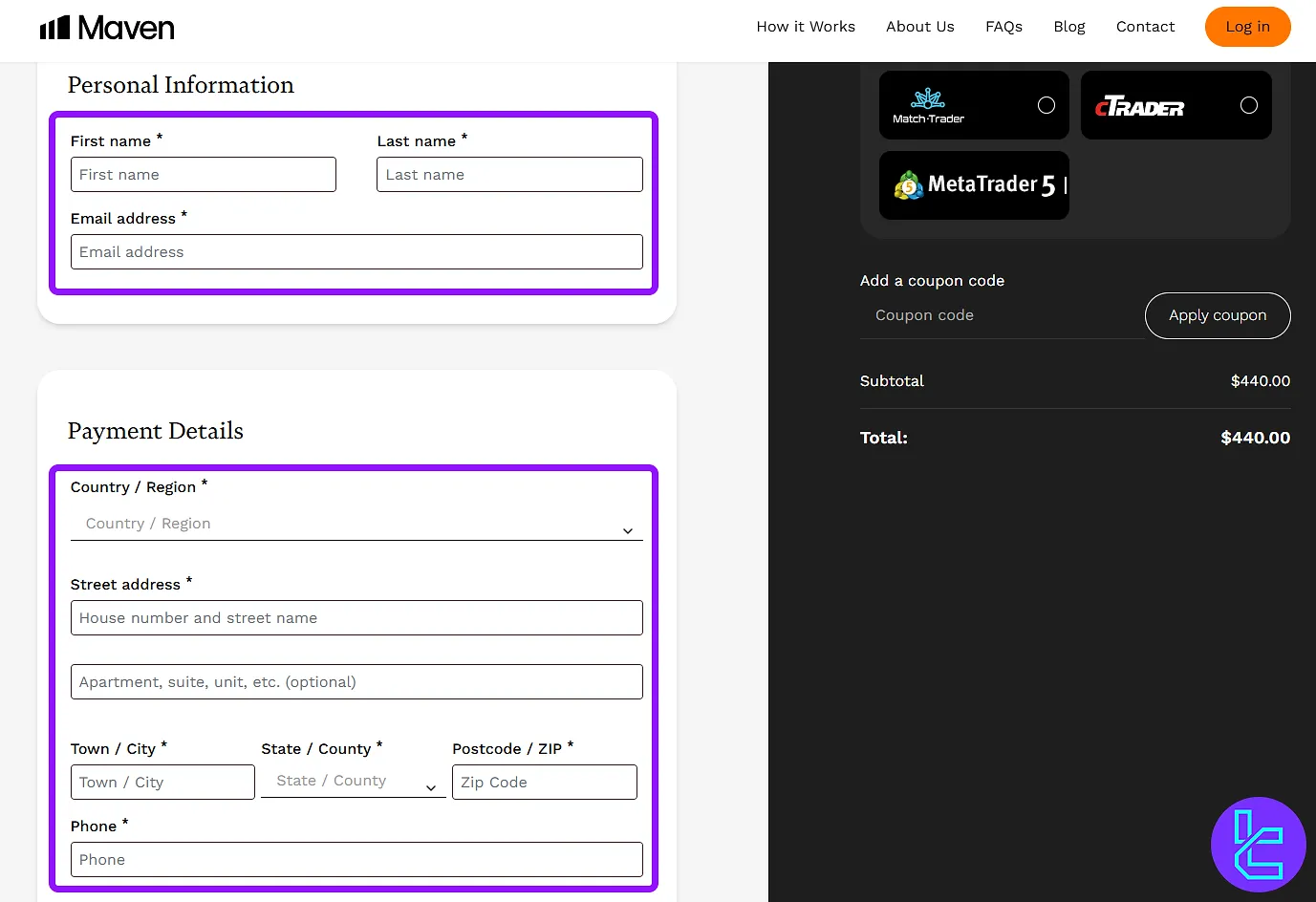 فرم ثبت نام در Maven Trading