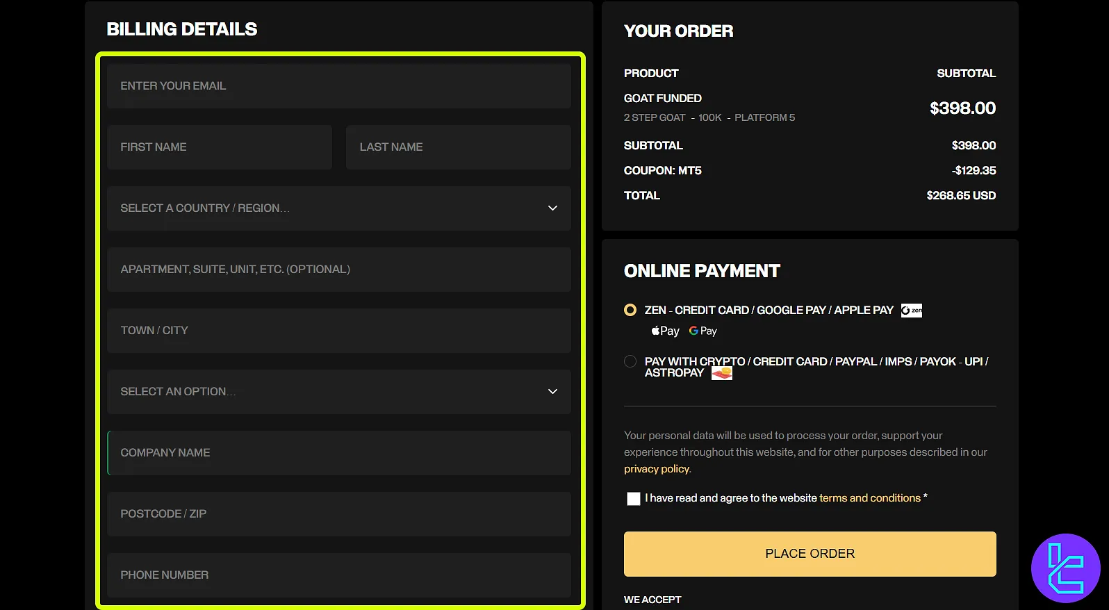 فرم خرید چالش در Goat Funded Trader