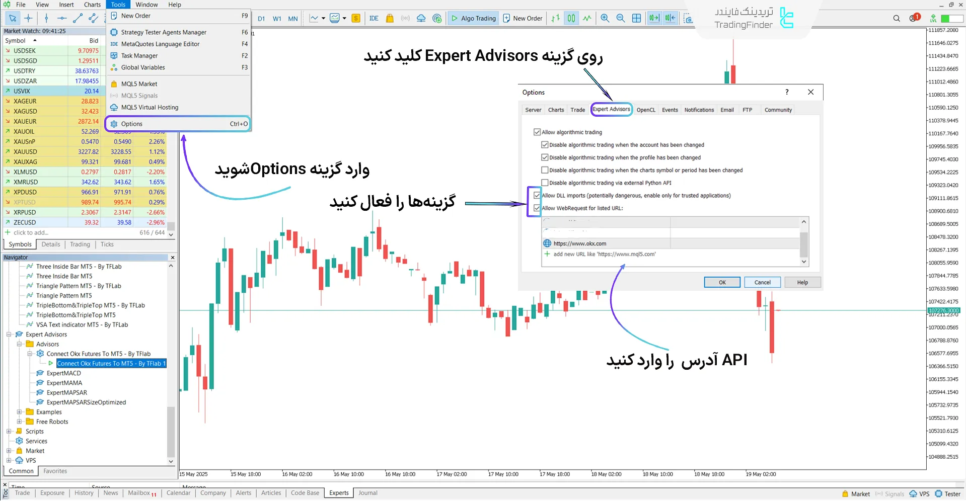 تنظیمات قسمت Tools سرویس اتصال فیوچرز اوکی ایکس به متاتریدر 5