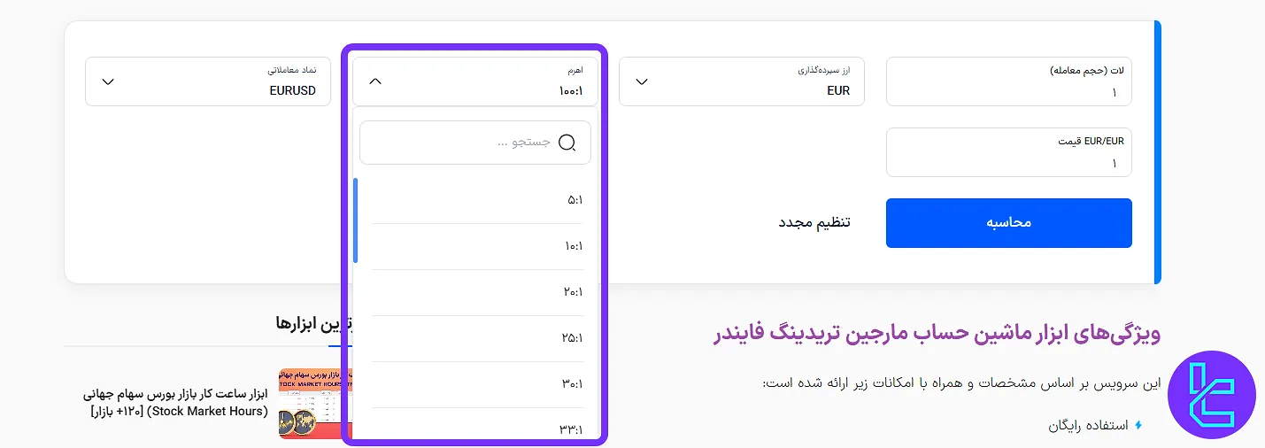 میزان اهرم در ابزار ماشین حساب مارجین