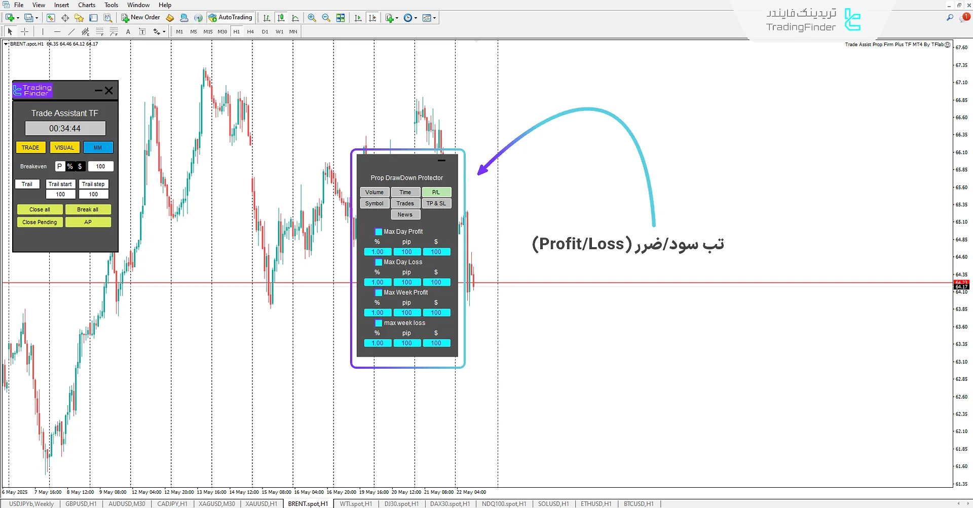 تب سود/زیان (P/L) در اکسپرت دستیار معاملات پراپ فرم پلاس TF