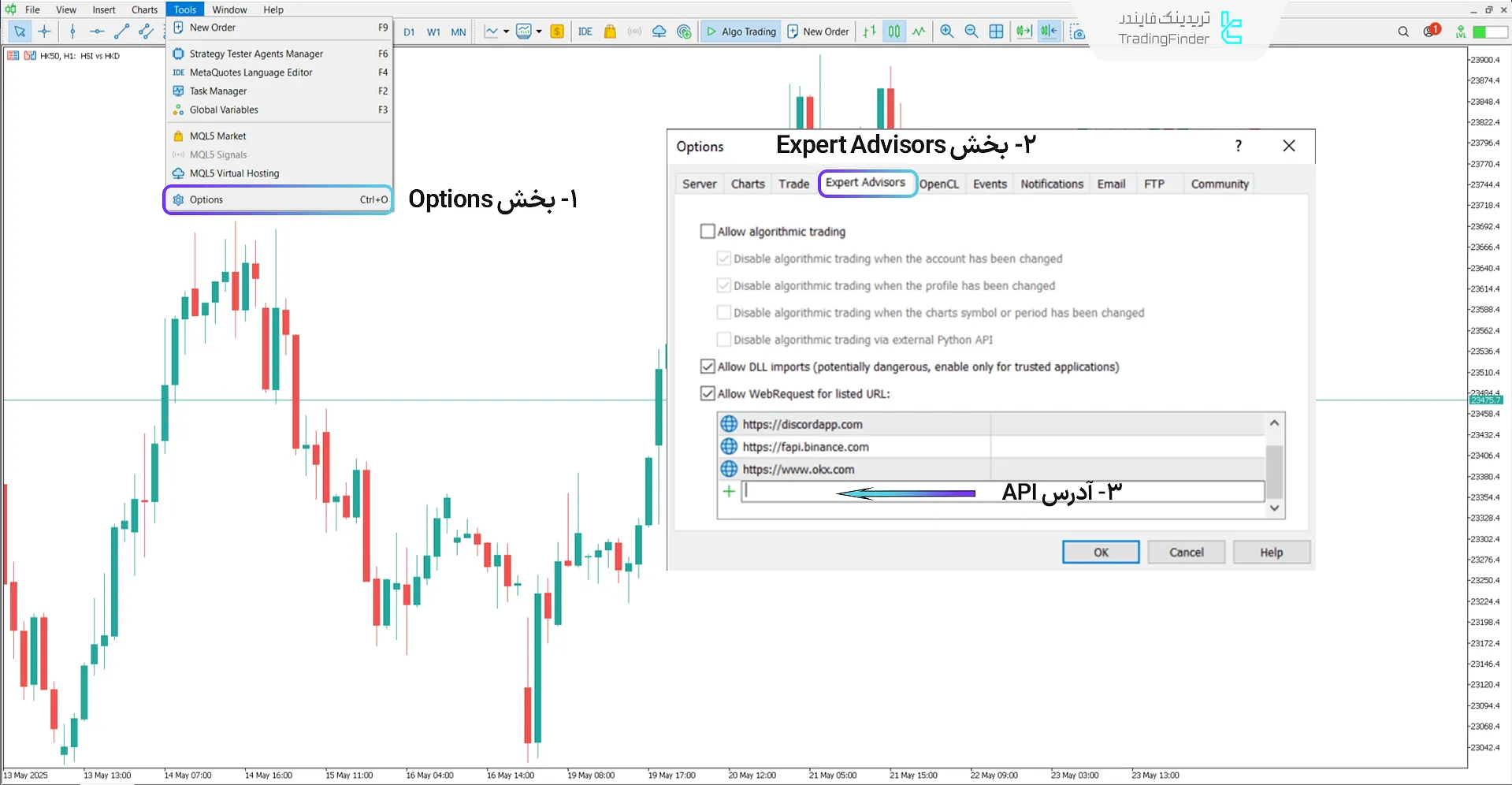 تنظیمات سرویس اتصال اسپات و فیوچرز اوکی ایکس به متاتریدر 5 در بخش Tools