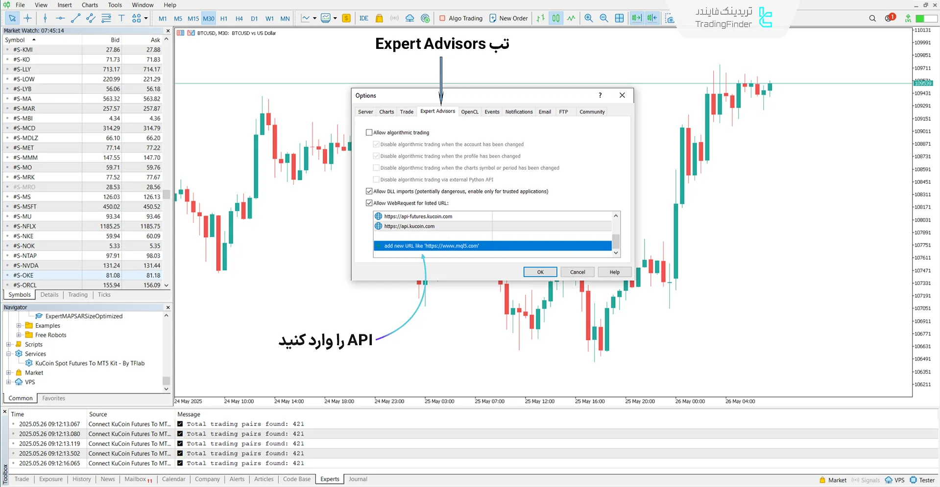 فعالسازی ارسال درخواست برای اتصال صرافی کوکوین به متاتریدر5 در اکسپرت اتصال اسپات و فیوچرز کوکوین