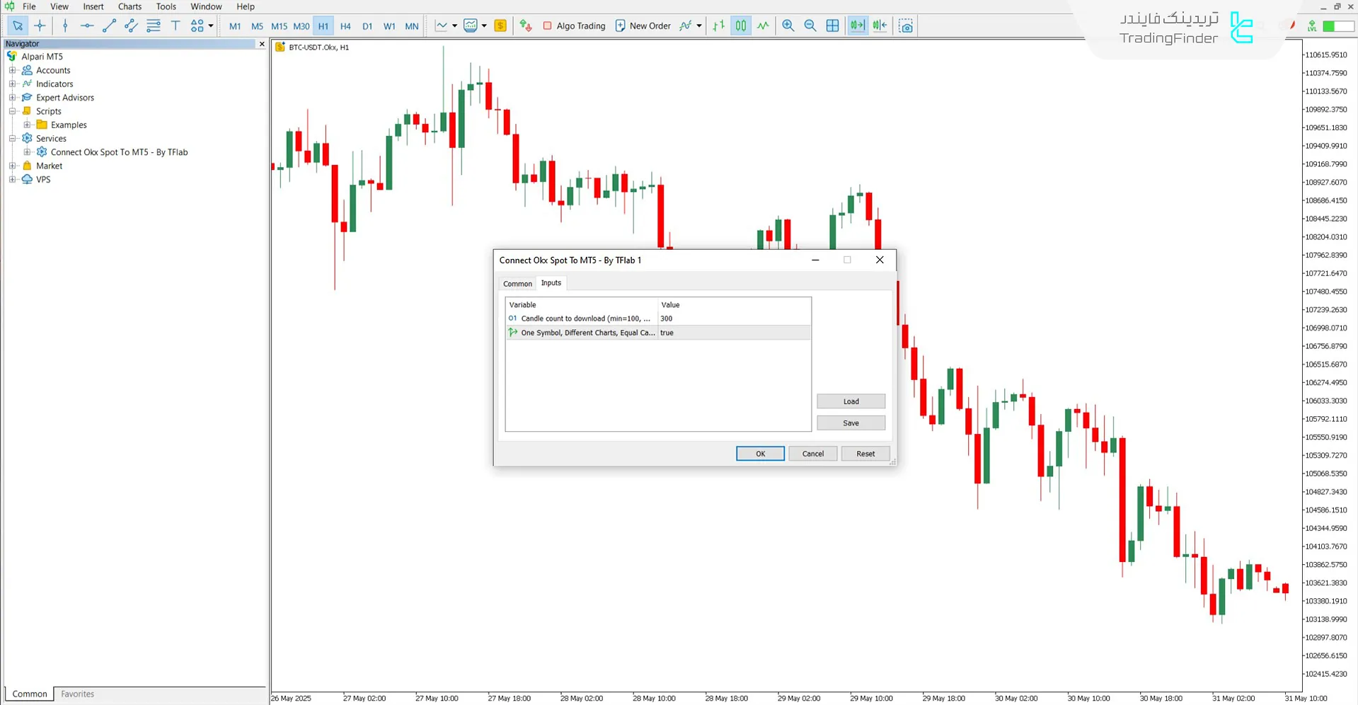 بخش تنظیمات سرویس اتصال اسپات OKX به متاتریدر5