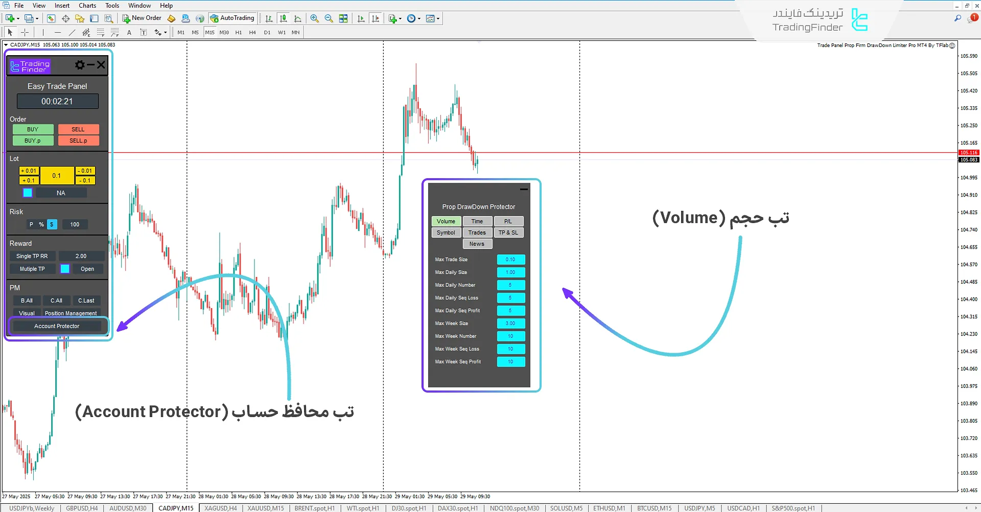 تب تعیین حجم معاملات در اکسپرت پنل معامله پراپ فرم با محدودکننده دراودان حرفه‌ای