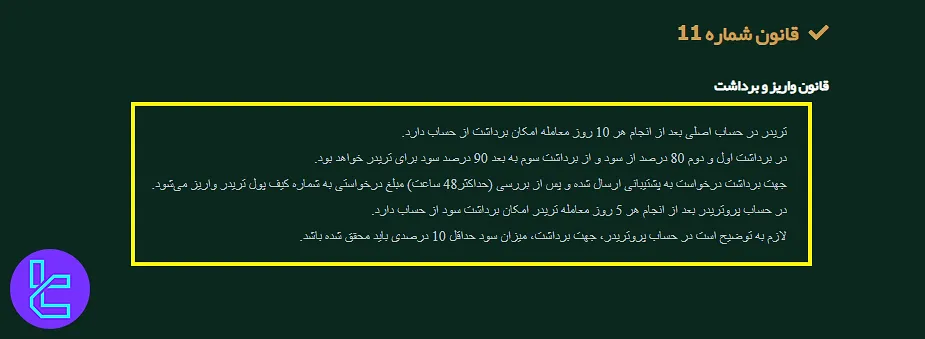 مقررات برداشت در پراپ فرم فنفیکس