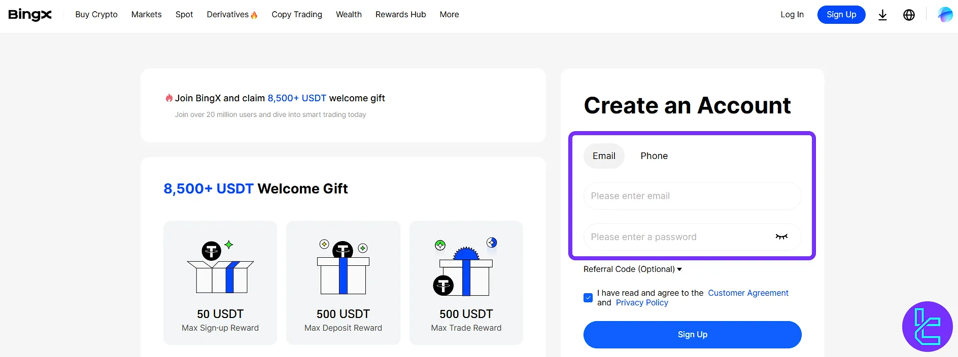 فرم ثبت نام بینگ ایکس
