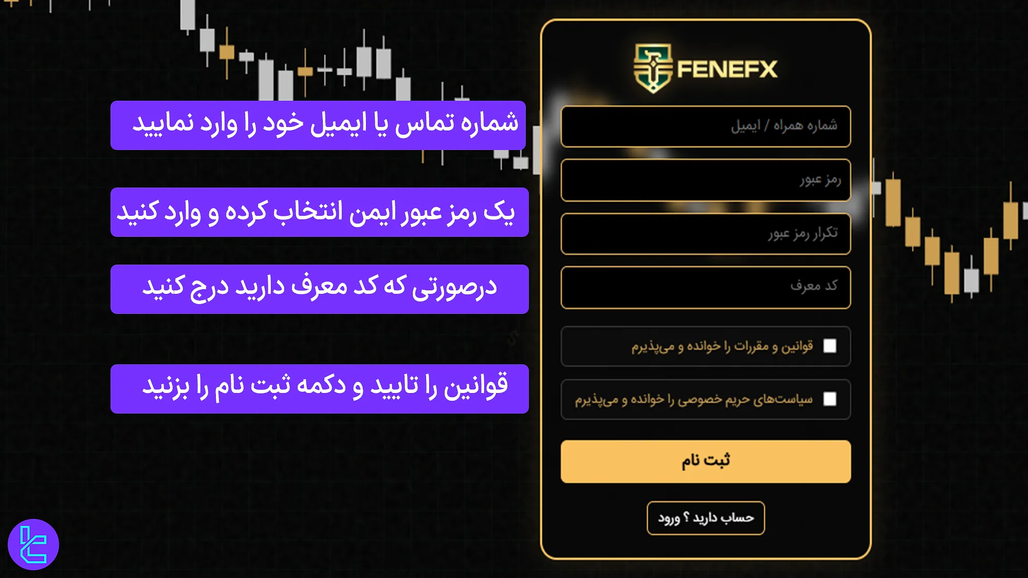 وارد کردن اطلاعات حساب در فرم افتتاح حساب فنفیکس