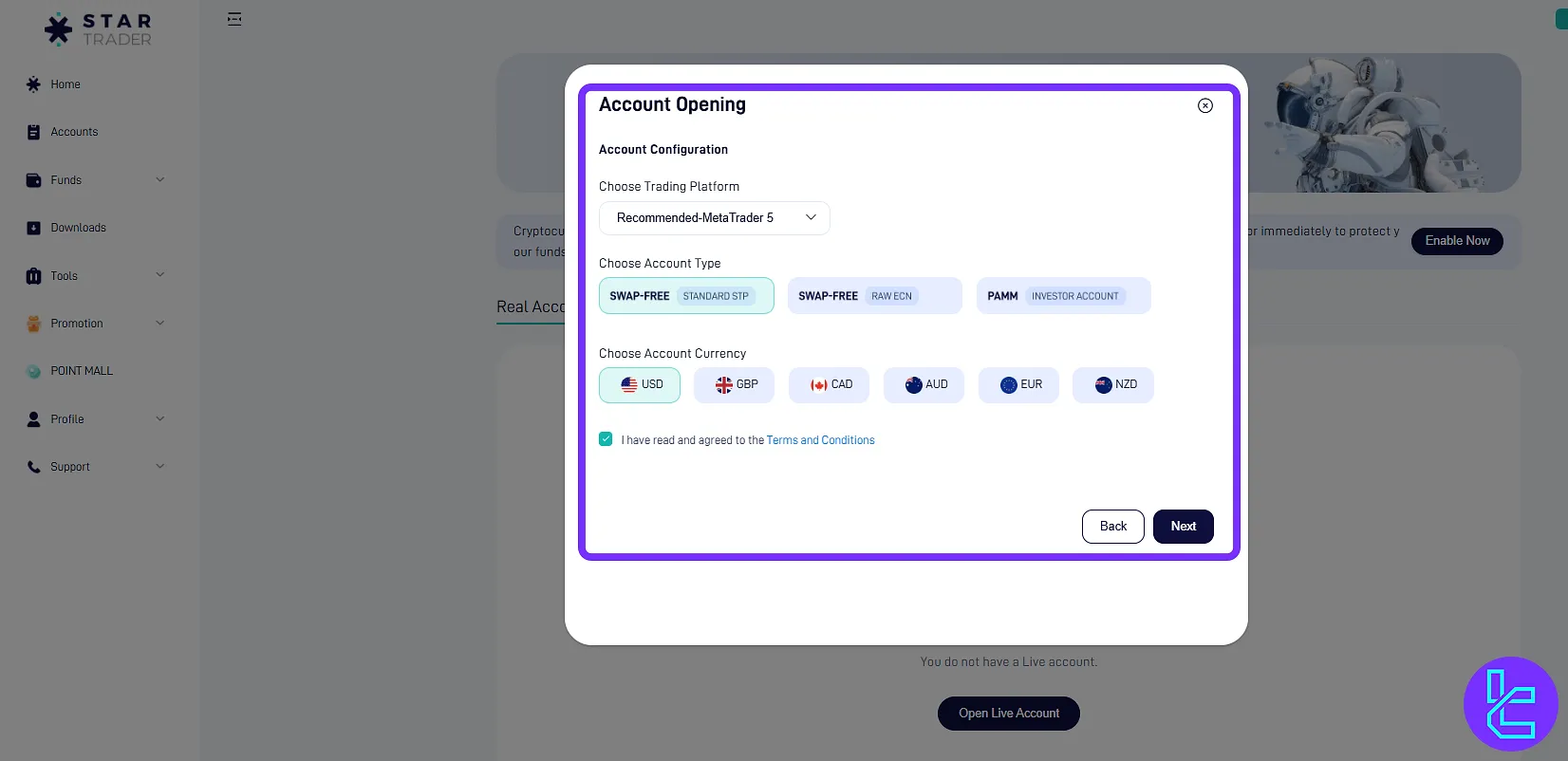 پیکربندی حساب در استارتریدر