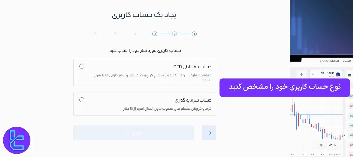 انتخاب نوع حساب در افتتاح حساب بروکرHYCM