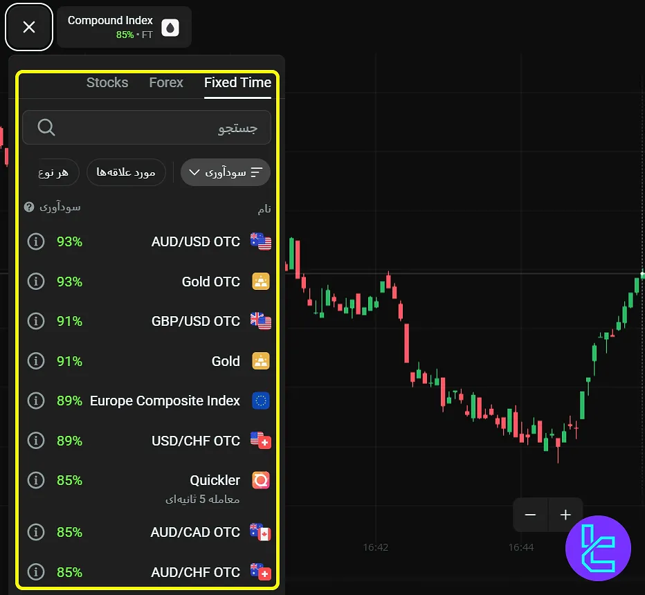 افزودن و جابجایی بین جفتارزهای OlympTrade بهصورت مستقیم از داخل پلتفرم معاملاتی