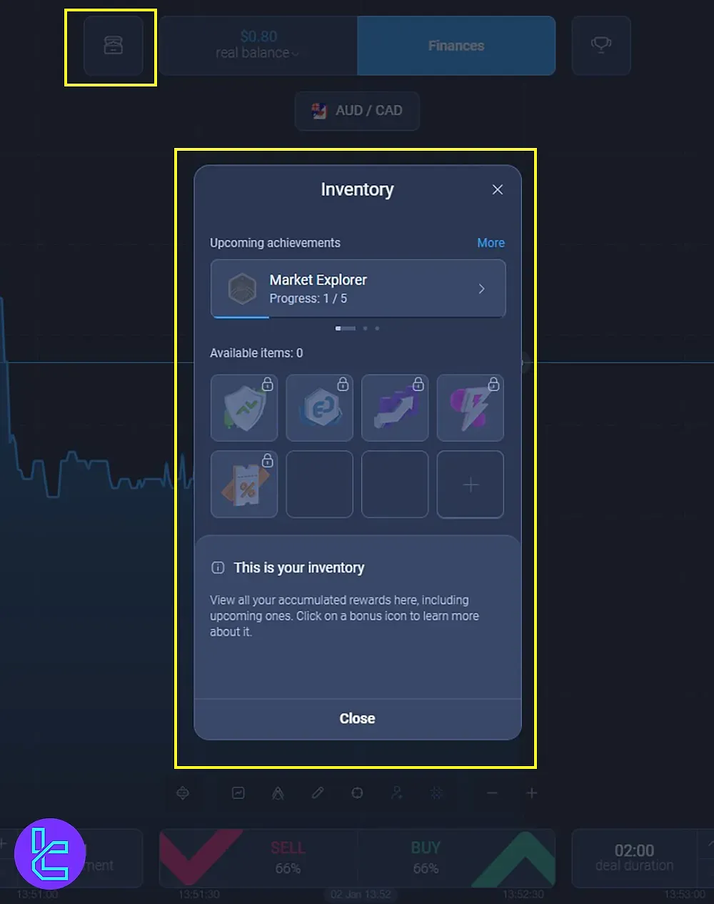 بخش Inventory در پلتفرم معاملاتی ExpertOption