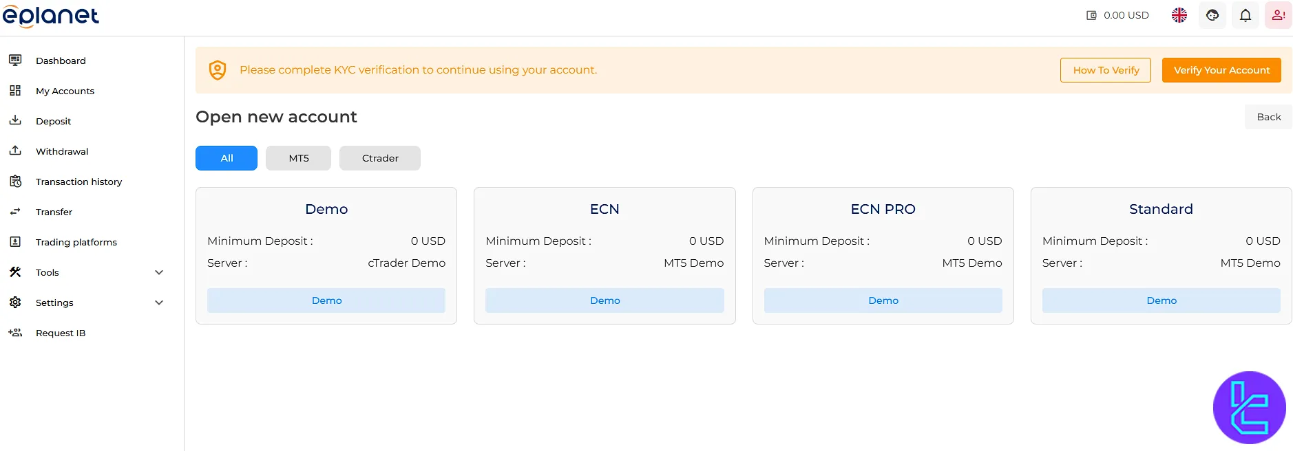 صفحه افتتاح حسابهای معاملاتی در بروکر ePlanet