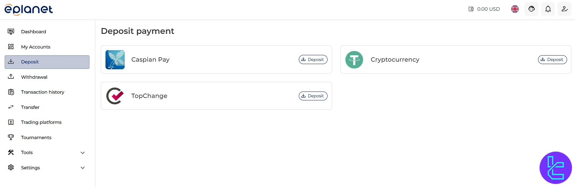 صفحه روشهای واریز در بروکر ePlanet