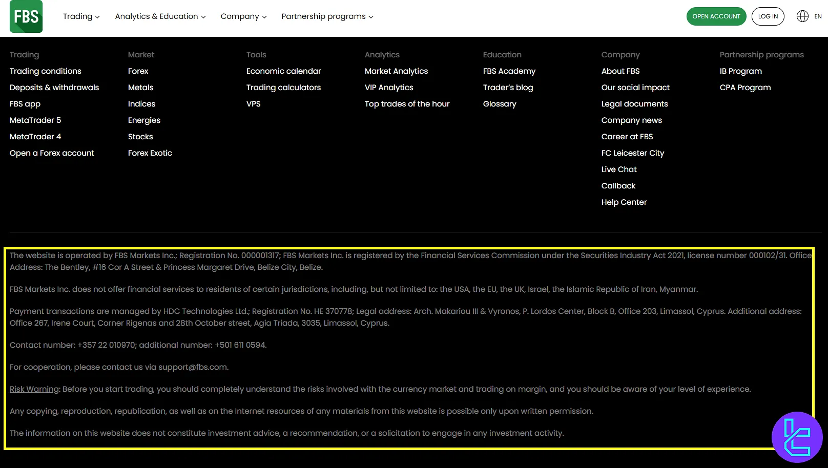 فوتر وب‌سایت صرافی FBS با جزئیات ثبت شرکت و رگولاتوری