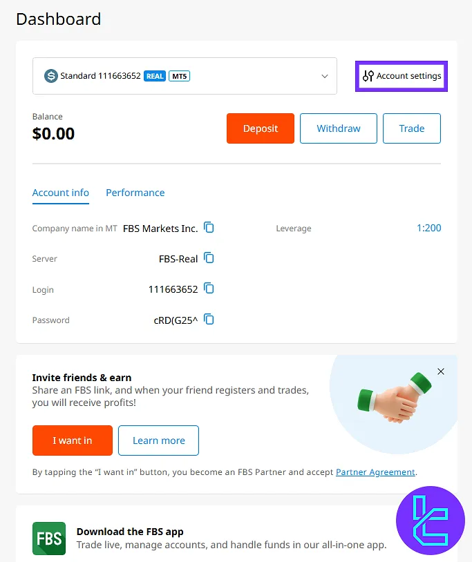 داشبورد حساب معاملاتی در صرافی FBS با نمایش تنظیمات و جزئیات ورود