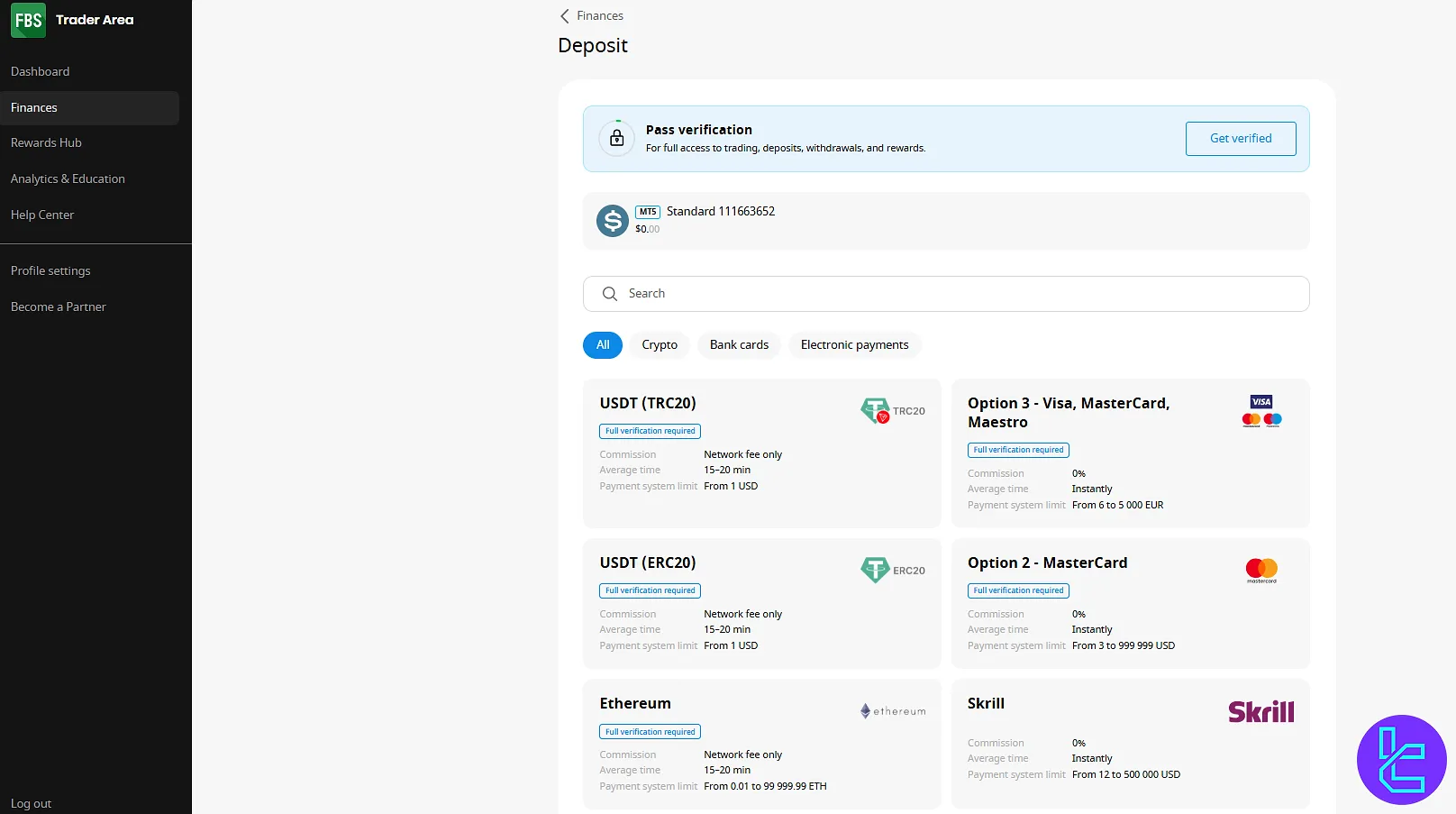 صفحه واریز وجه در داشبورد صرافی FBS