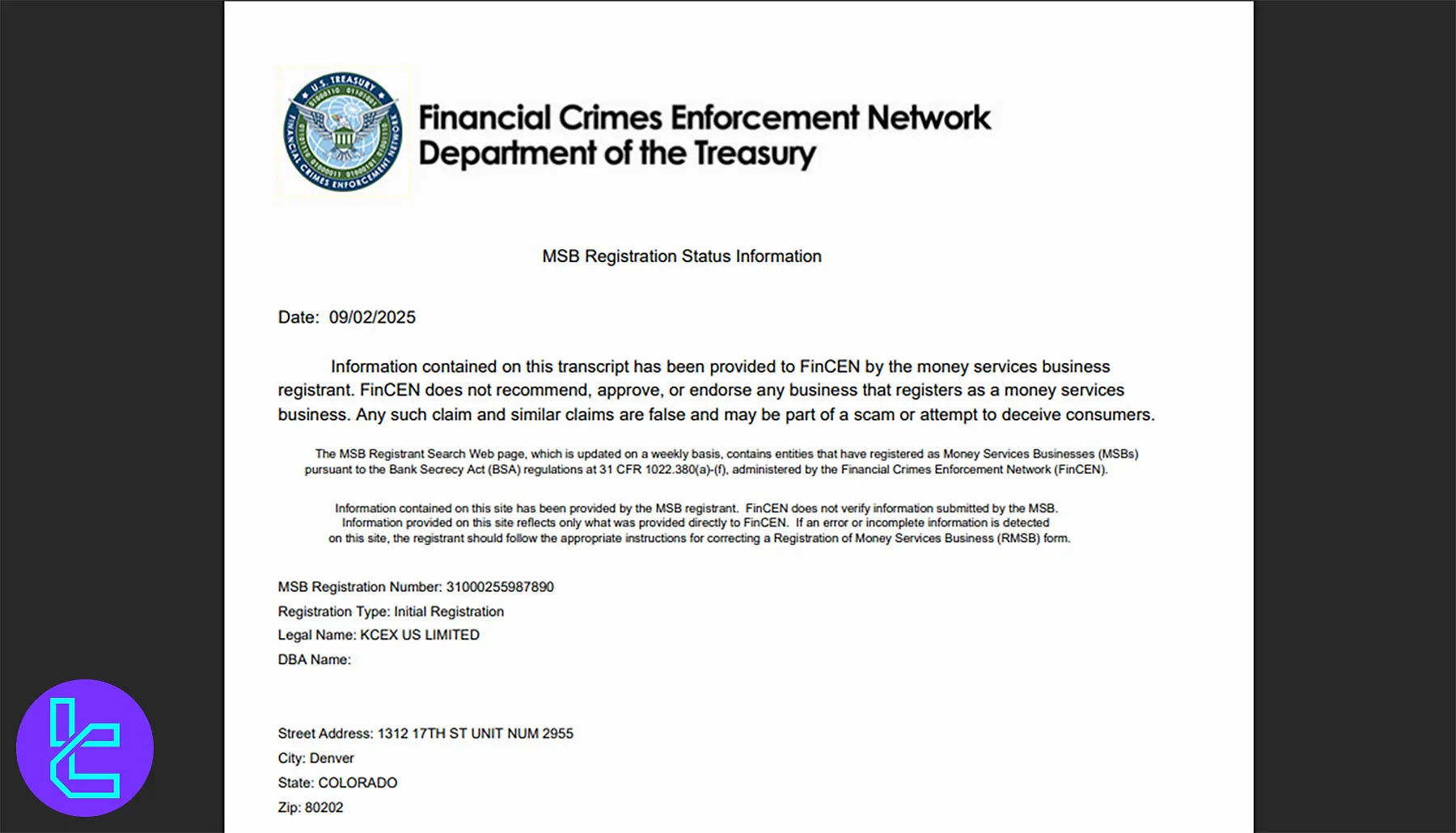 مجوز فعالیت کی سی ایکس از FinCEN