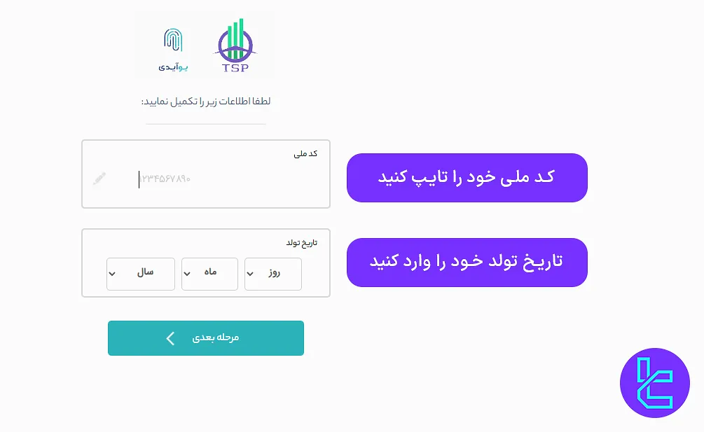 وارد کردن کد ملی و تاریخ تولد برای احراز هویت آنی تامین سرمایه
