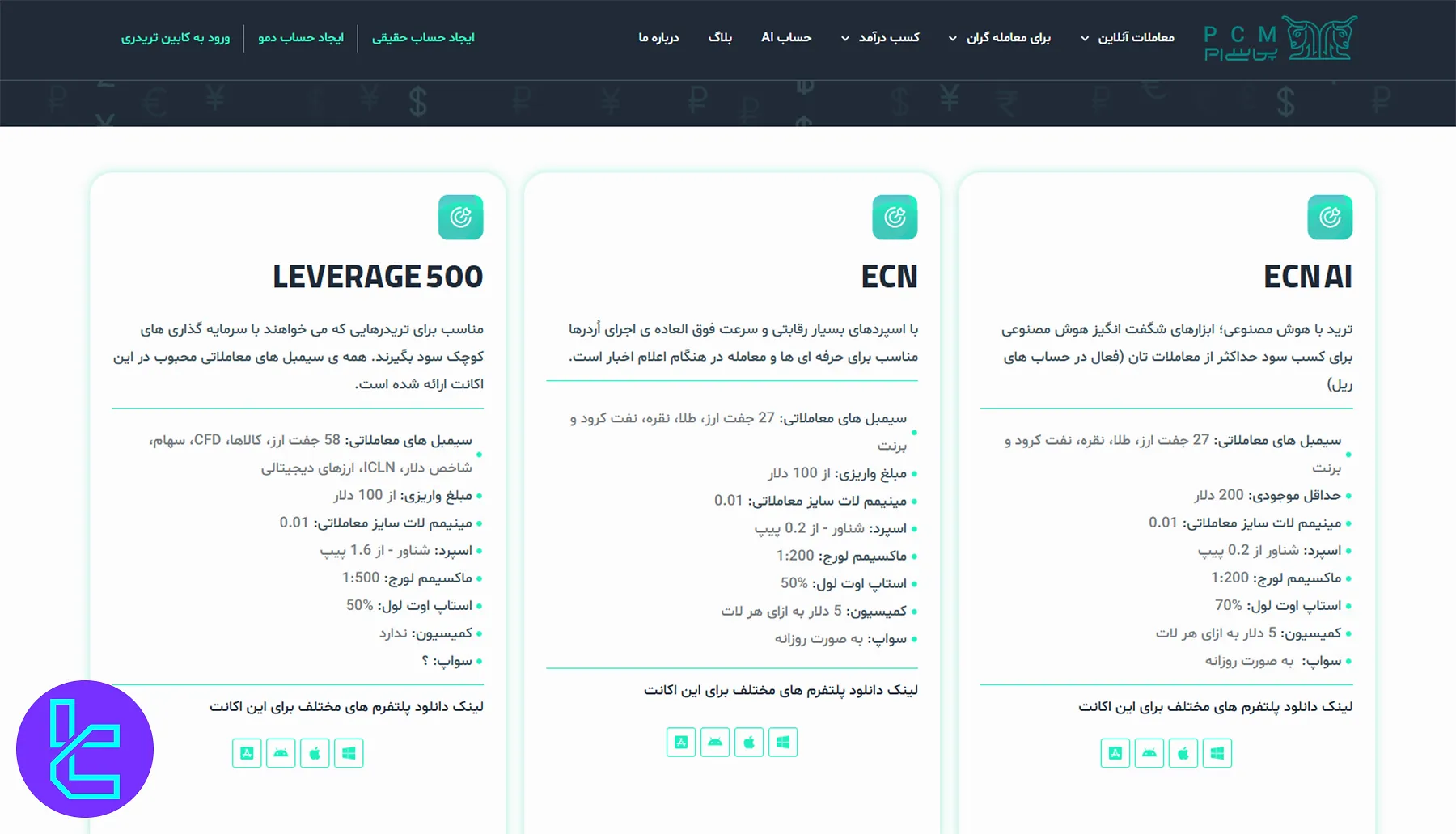 جدول مقایسه سه نوع حساب معاملاتی بروکر پی سی ام