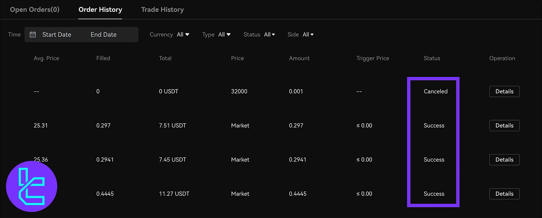 سابقه سفارشات پلتفرم اسپات بینگ ایکس