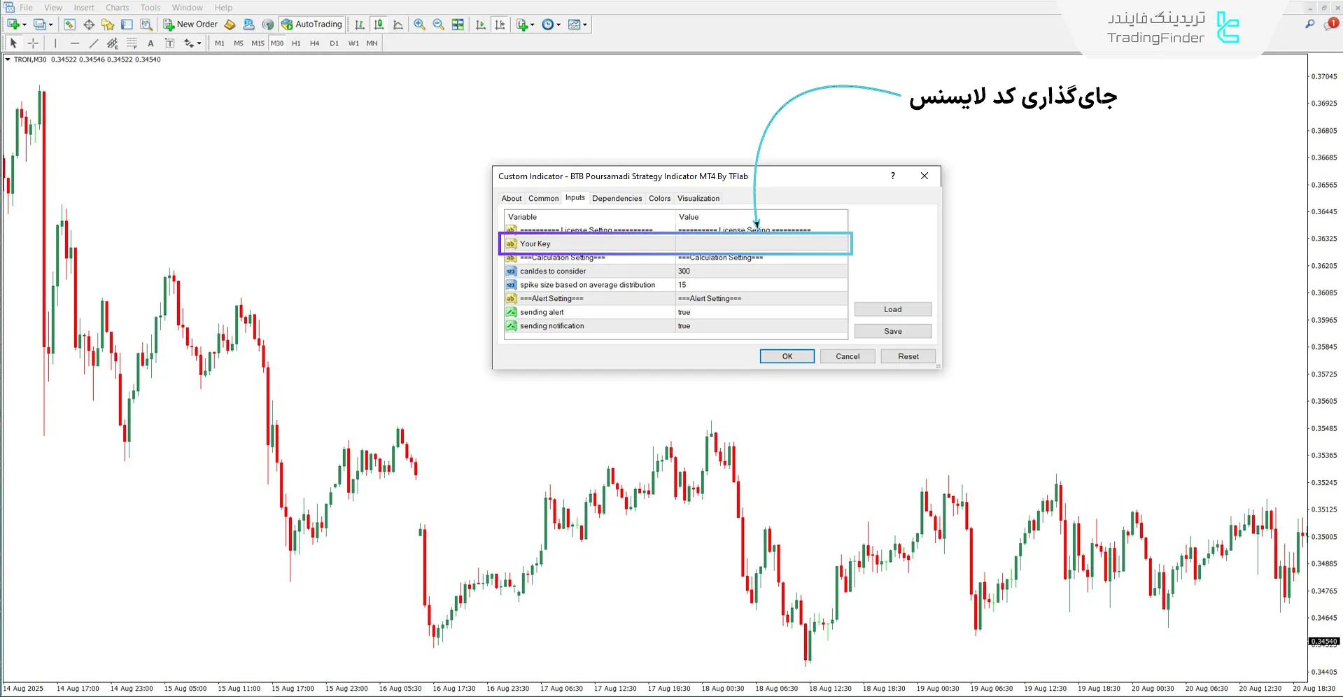 وارد کردن کد لایسنس اندیکاتور استراتژی BTB