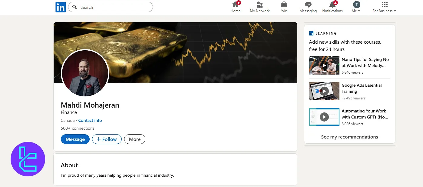 صفحه لینکدین مدیرعامل بروکر ویتاورس