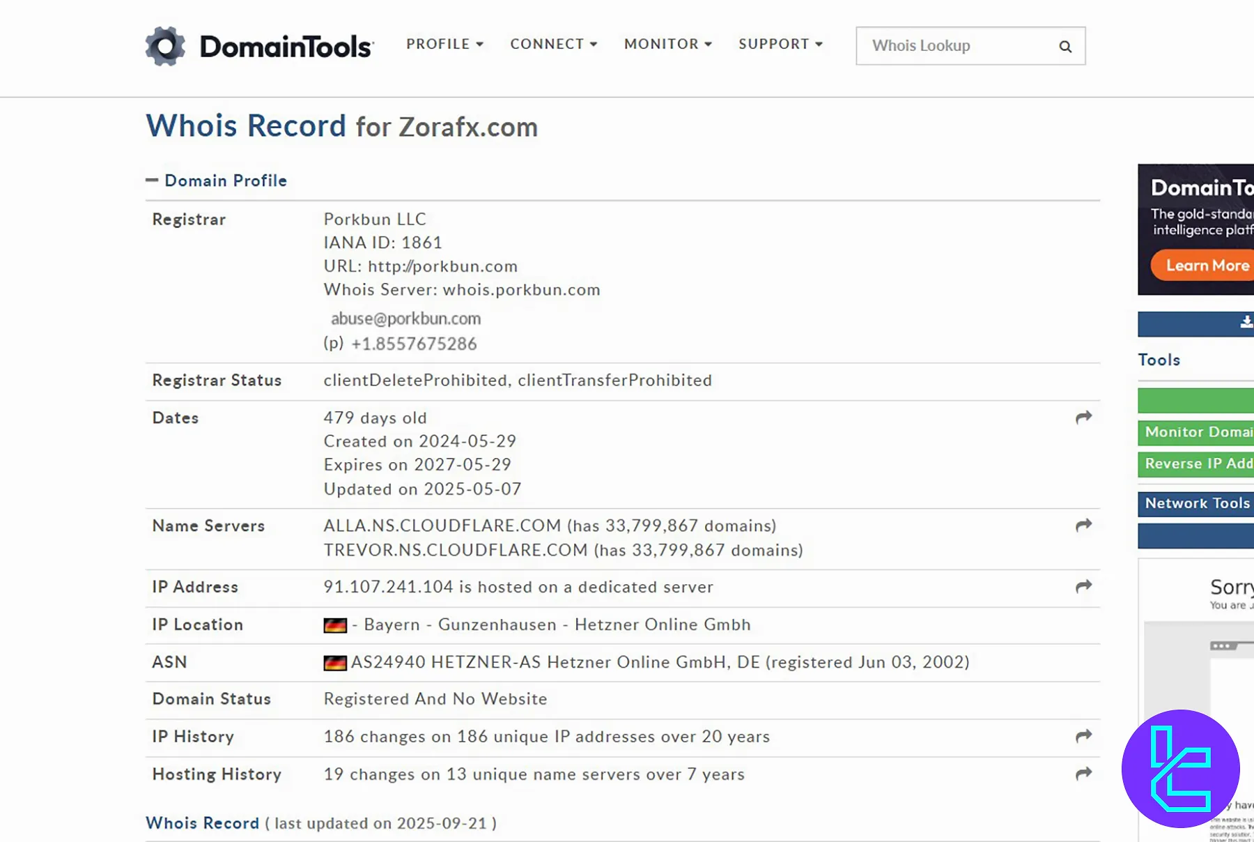 اطلاعات اعتبار دامنه Zorafx.com در Whois