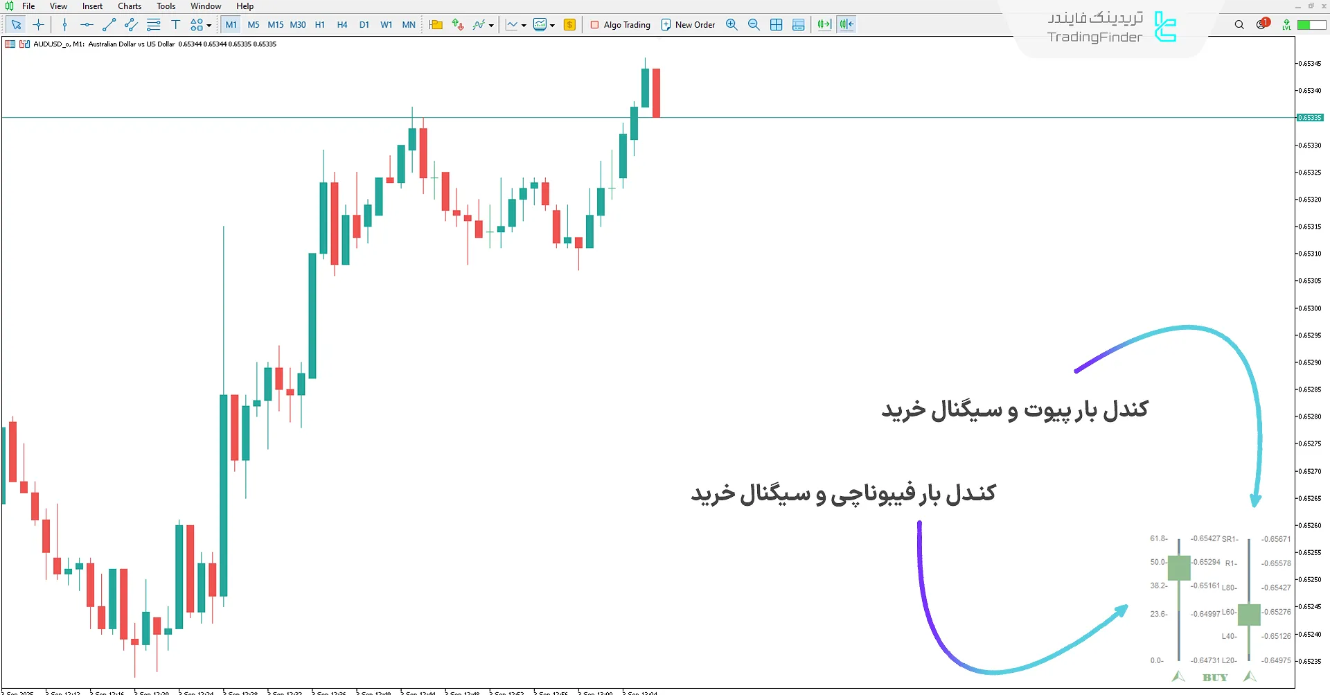 نمایش سیگنال خرید در اندیکاتور کندل بار پیوت و فیبوناچی