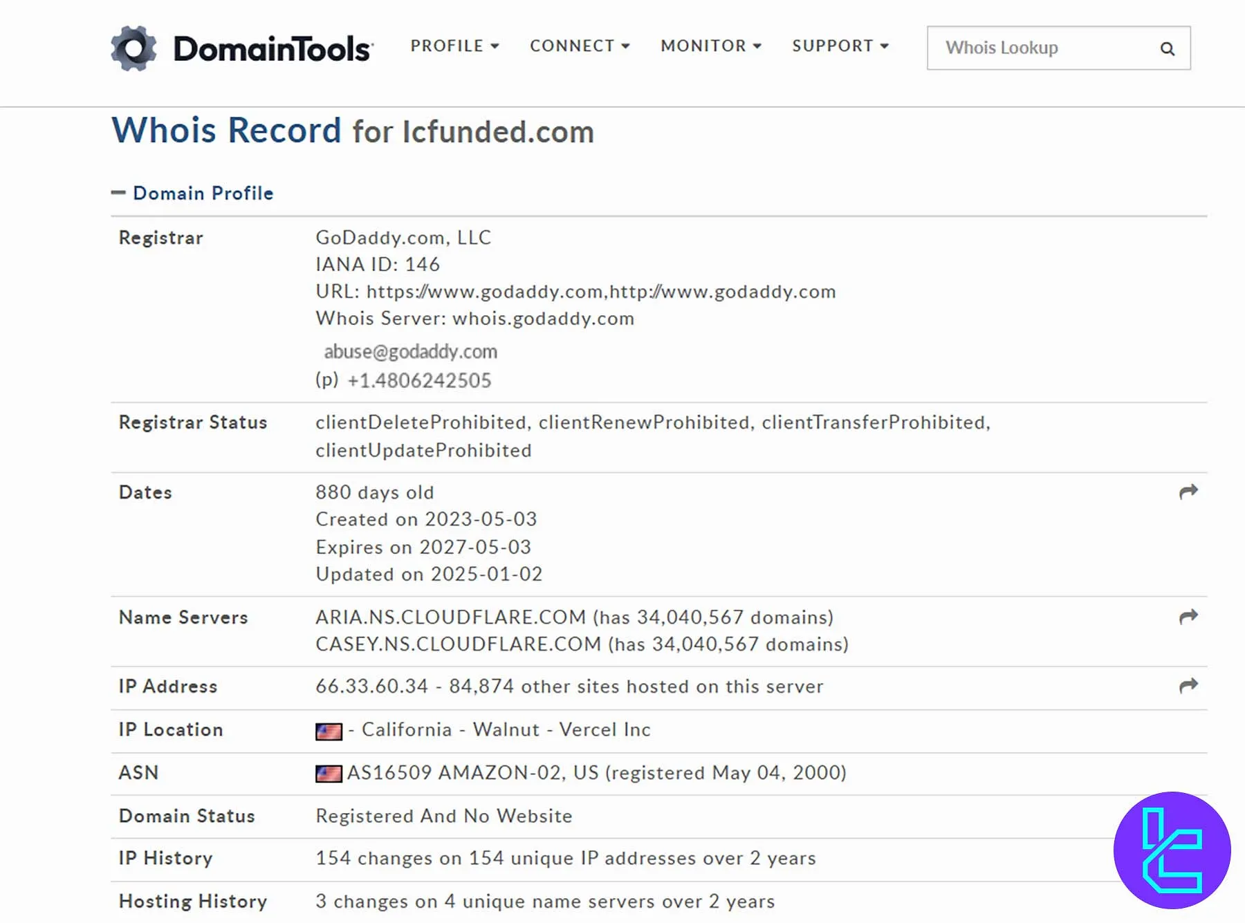 نمایی از گزارش Whois دامنه icfunded.com شامل تاریخ ثبت، وضعیت، سرور و موقعیت IP