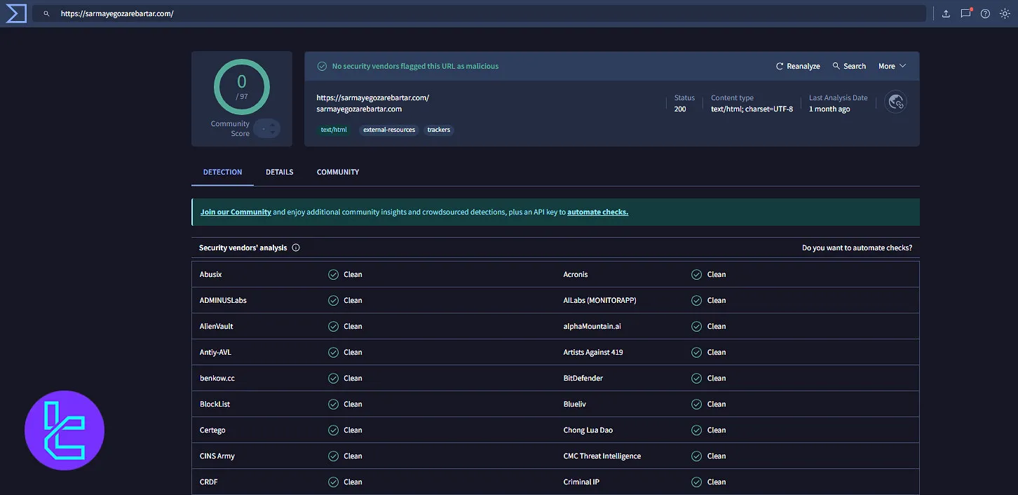 سایت سرمایه گذار برتر در VirusTotal