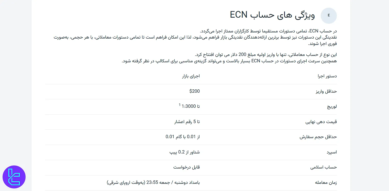 ویژگیهای حساب ECN آمارکتس