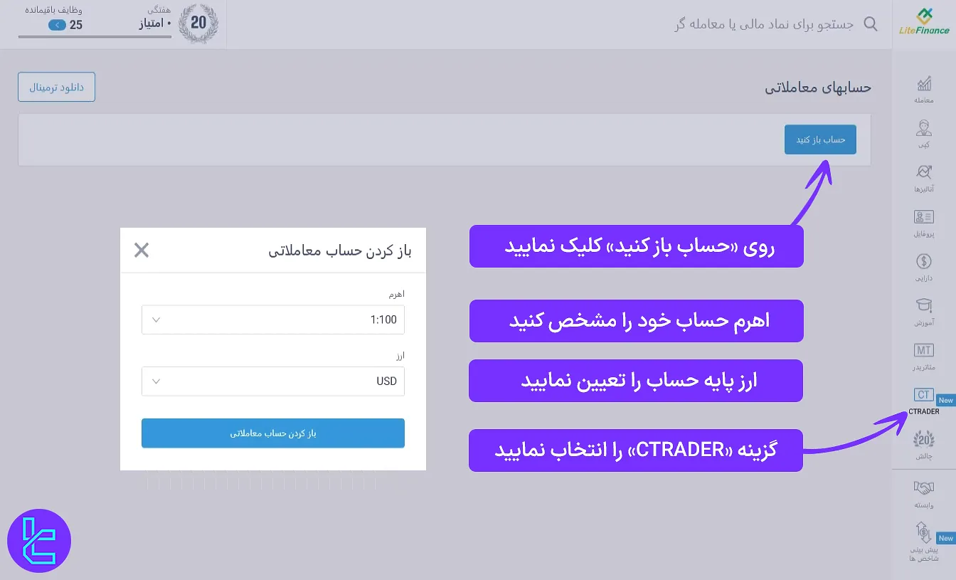 ساخت حساب سی تریدر در بروکر لایت فایننس