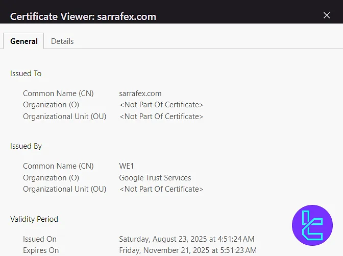 گواهی SSL سایت صرافی صرافکس