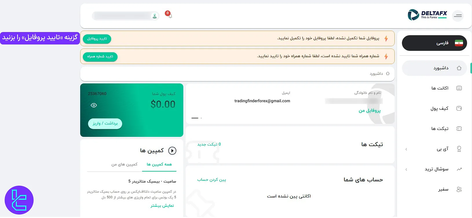 گزینه «تایید پروفایل» در بروکر دلتا اف ایکس