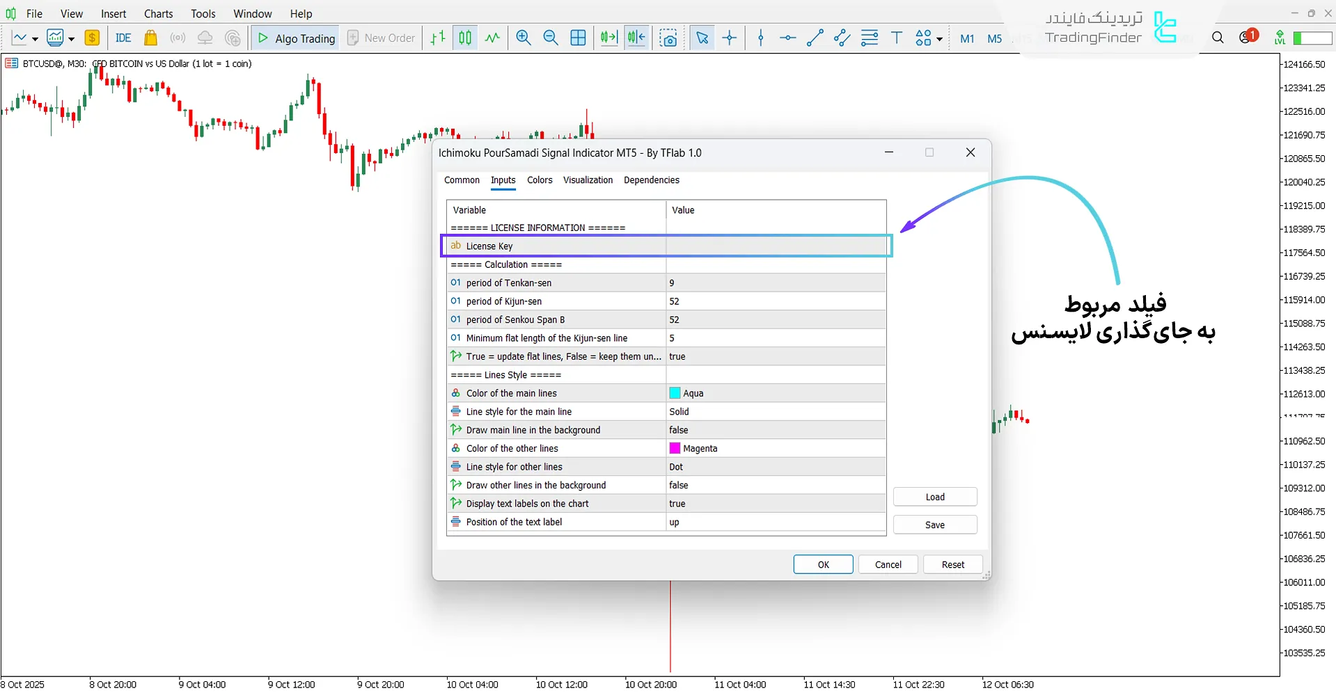نحوه وارد کردن کد لایسنس در تنظیمات اندیکاتور