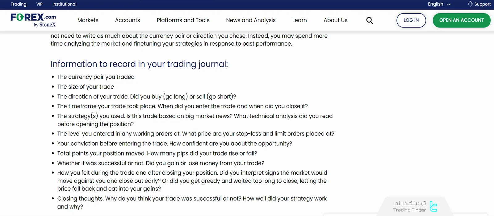 ثبت اطلاعات در ژورنال فارکس