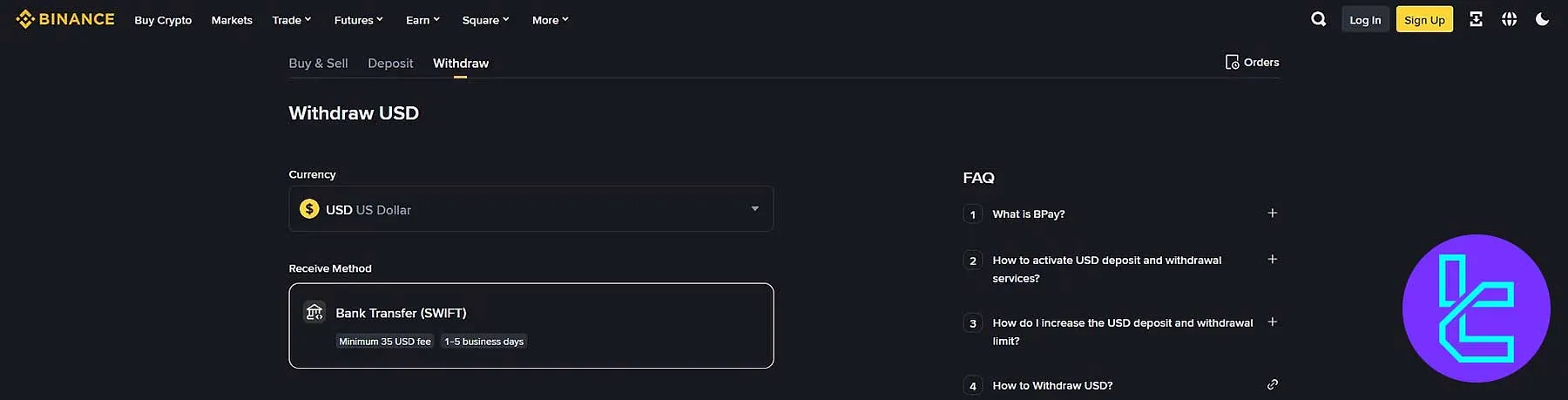 برداشت ارز فیات از حساب کاربری Binance