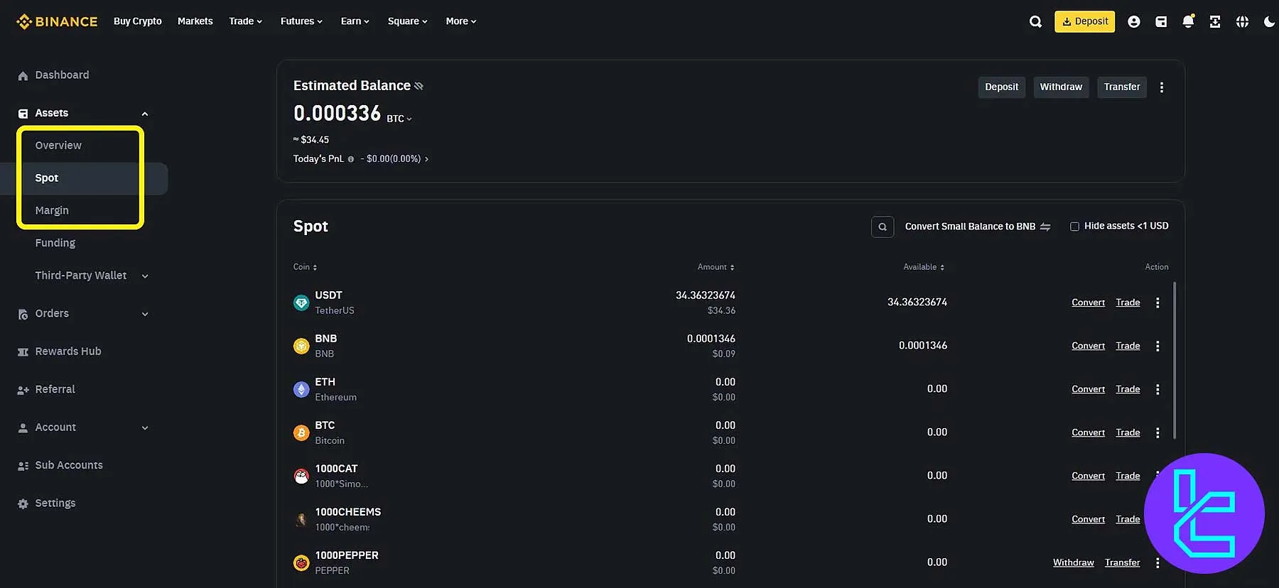 بخش معاملات در داشبورد کاربری بایننس