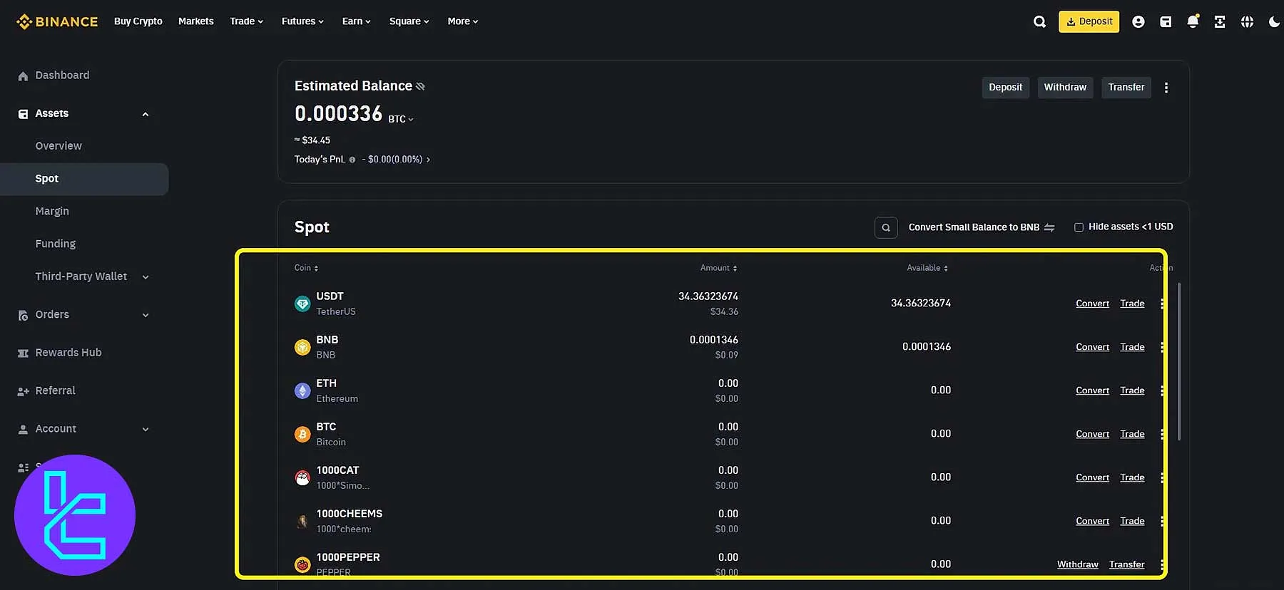 بخش دارایی‌های داشبورد کاربری بایننس