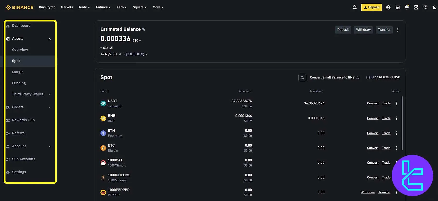 نوار ناوبری داشبورد بایننس