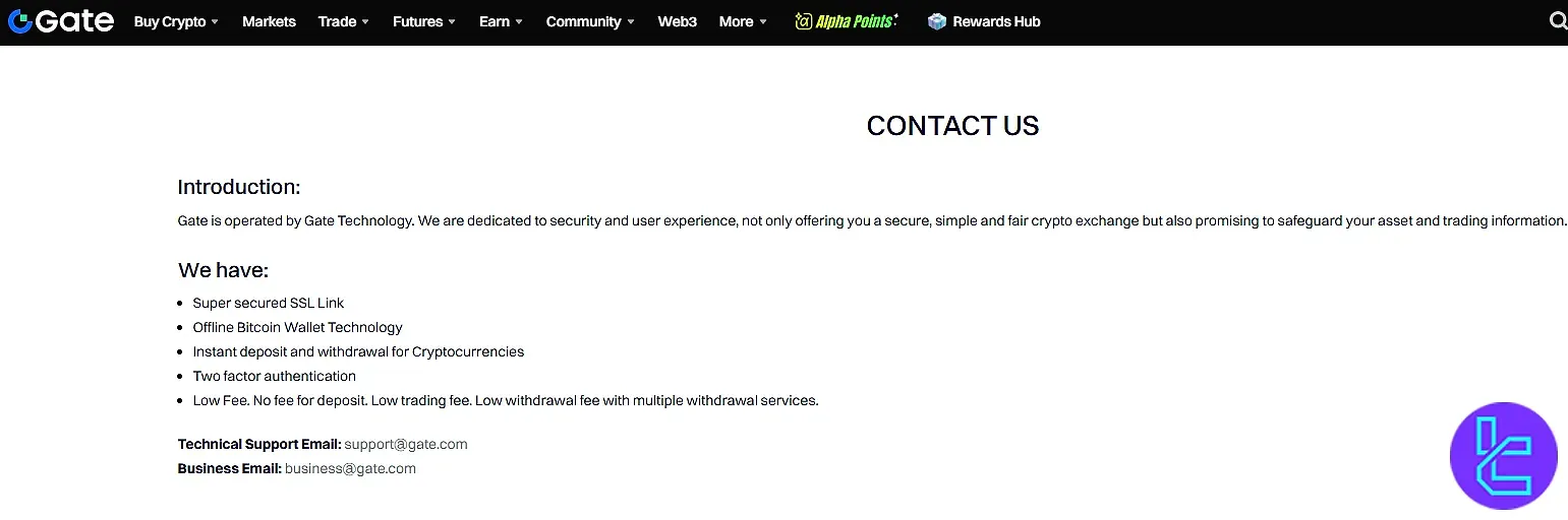صفحه اطلاعات تماس صرافی Gate