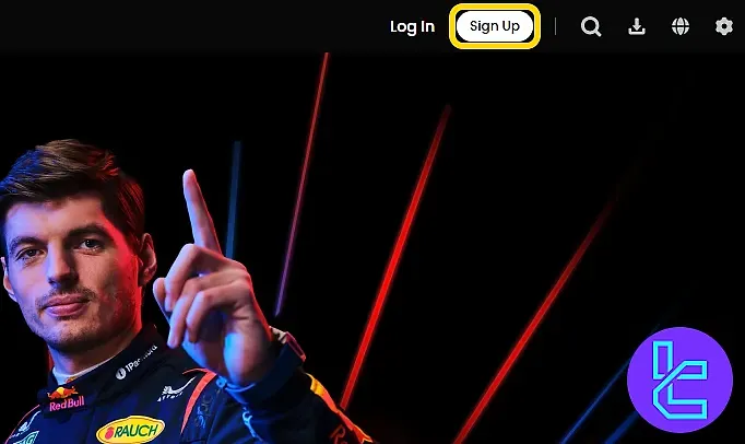 تصویر راهنمایی از صفحه ثبت‌نام Gate.io که گزینه "Sign Up" را نمایش می‌دهد