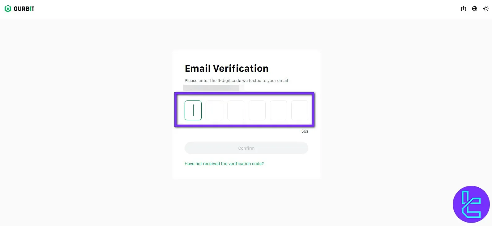 صفحه تایید ایمیل صرافی OURBIT